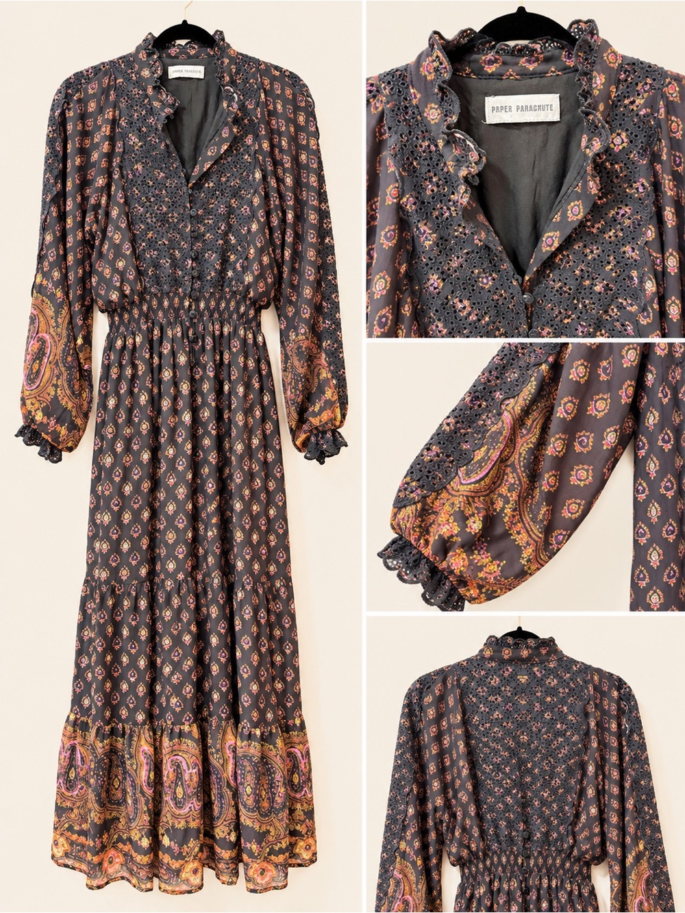 Paper Parachute Black Paisley Long Sleeve Maxi Dress with cotton eyelet, small
